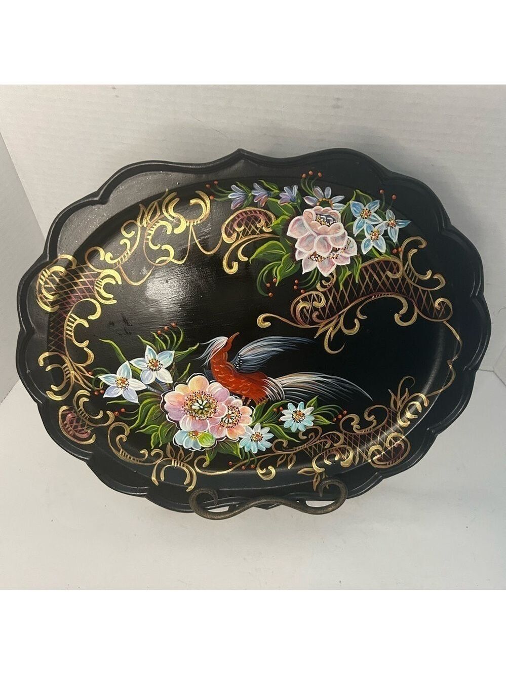 Vintage Towle Tray Hand Painted Floral Birds Black Gold Scalloped Edge Signed